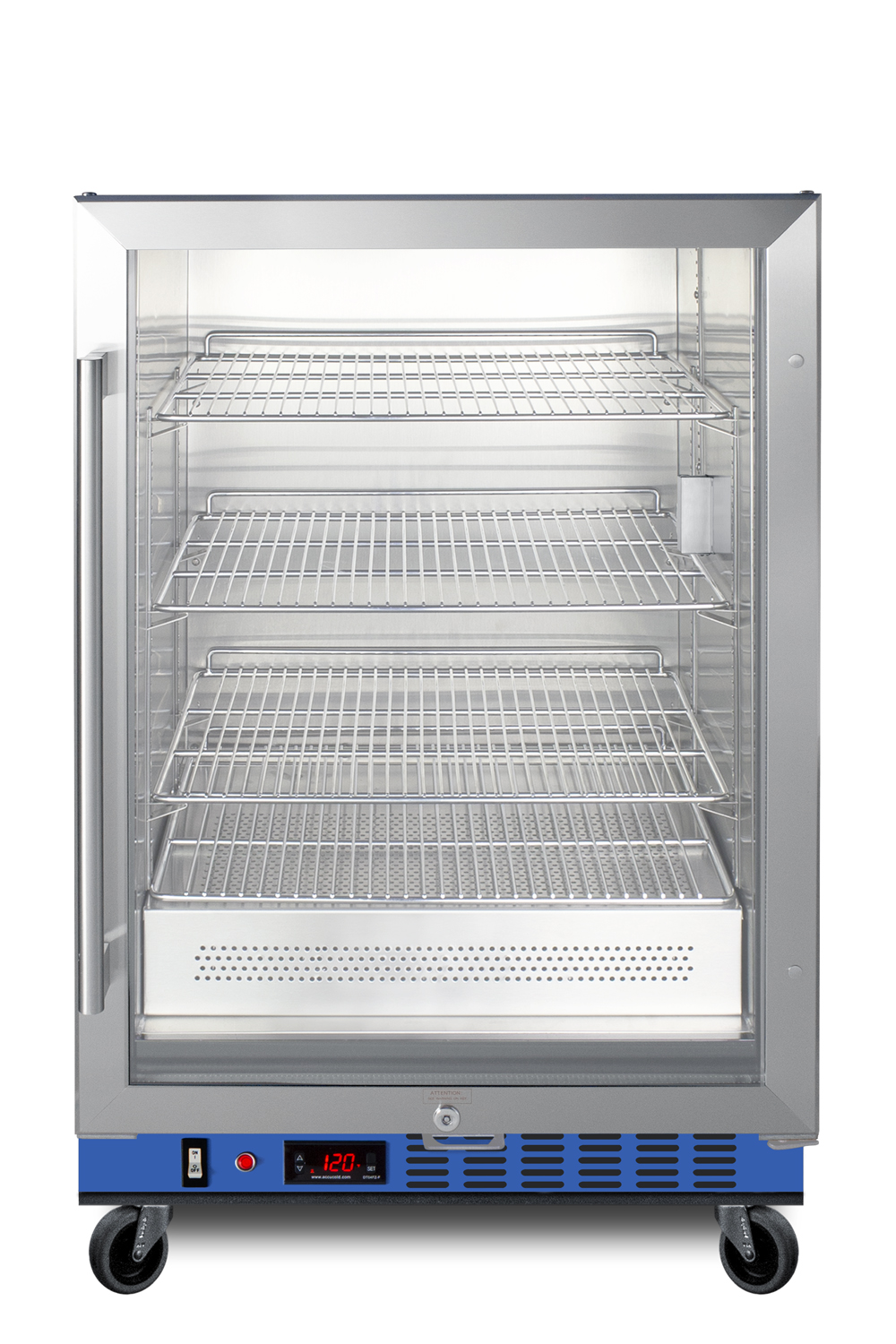 Undercounter single chamber passive heating blanket warmer with glass door, stainless steel interior and exterior, digital thermostat, and lock